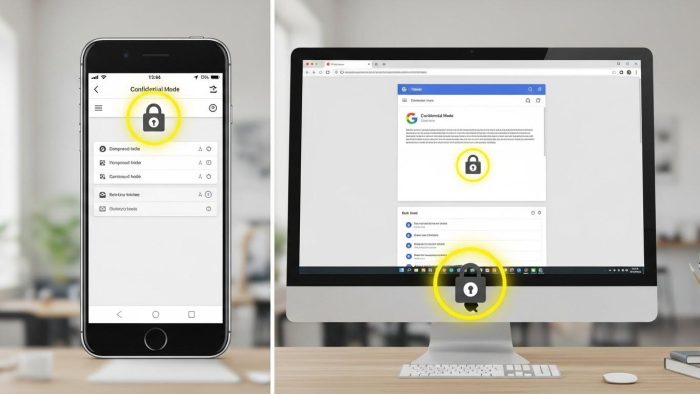 Gmail機密モードのアイコンと設定画面