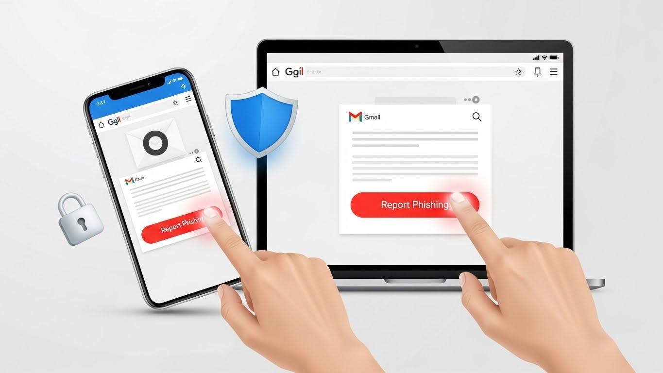 スマートフォンとパソコンの両方で、Gmailの「報告」ボタンを押してセキュリティを守る様子を表現した1920×1080サイズのアイキャッチ画像。
