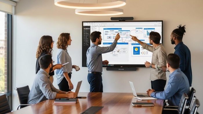 会議室に設置された大型電子黒板の使用風景