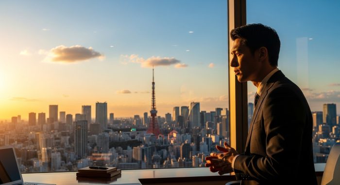 転職に成功し東京の夜景をバックにオフィスで自らのキャリアを振り返る35歳のビジネスパーソン