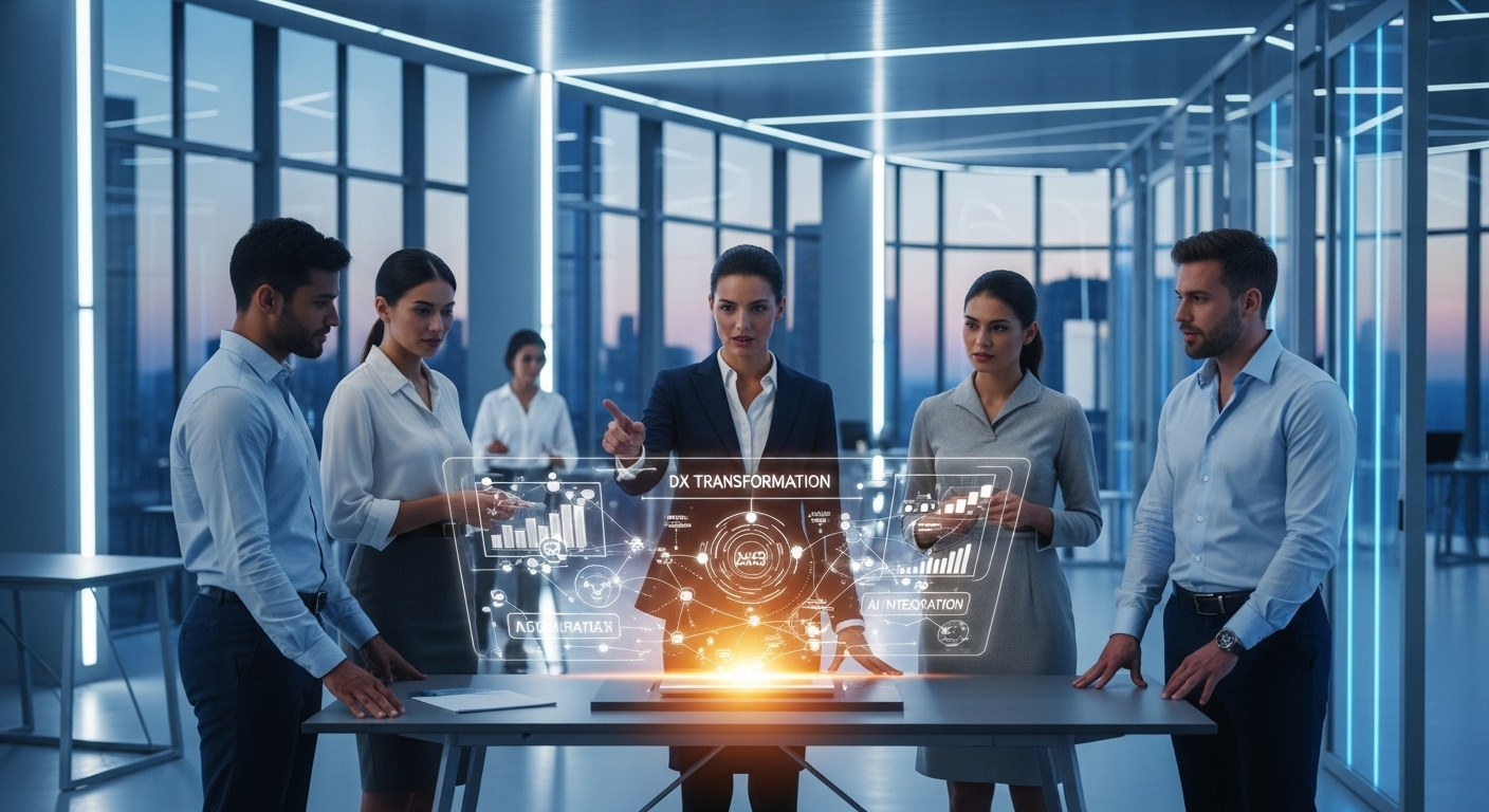 35歳前後のビジネスパーソンがDX変革について議論する未来的なオフィス風景