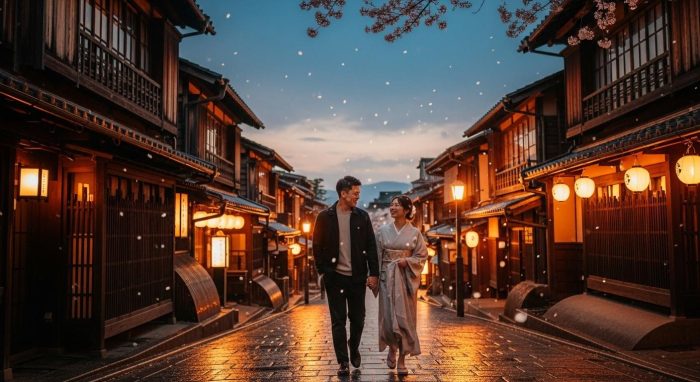 夕暮れ時の金沢の街並みを歩くカップルのロマンチックな風景