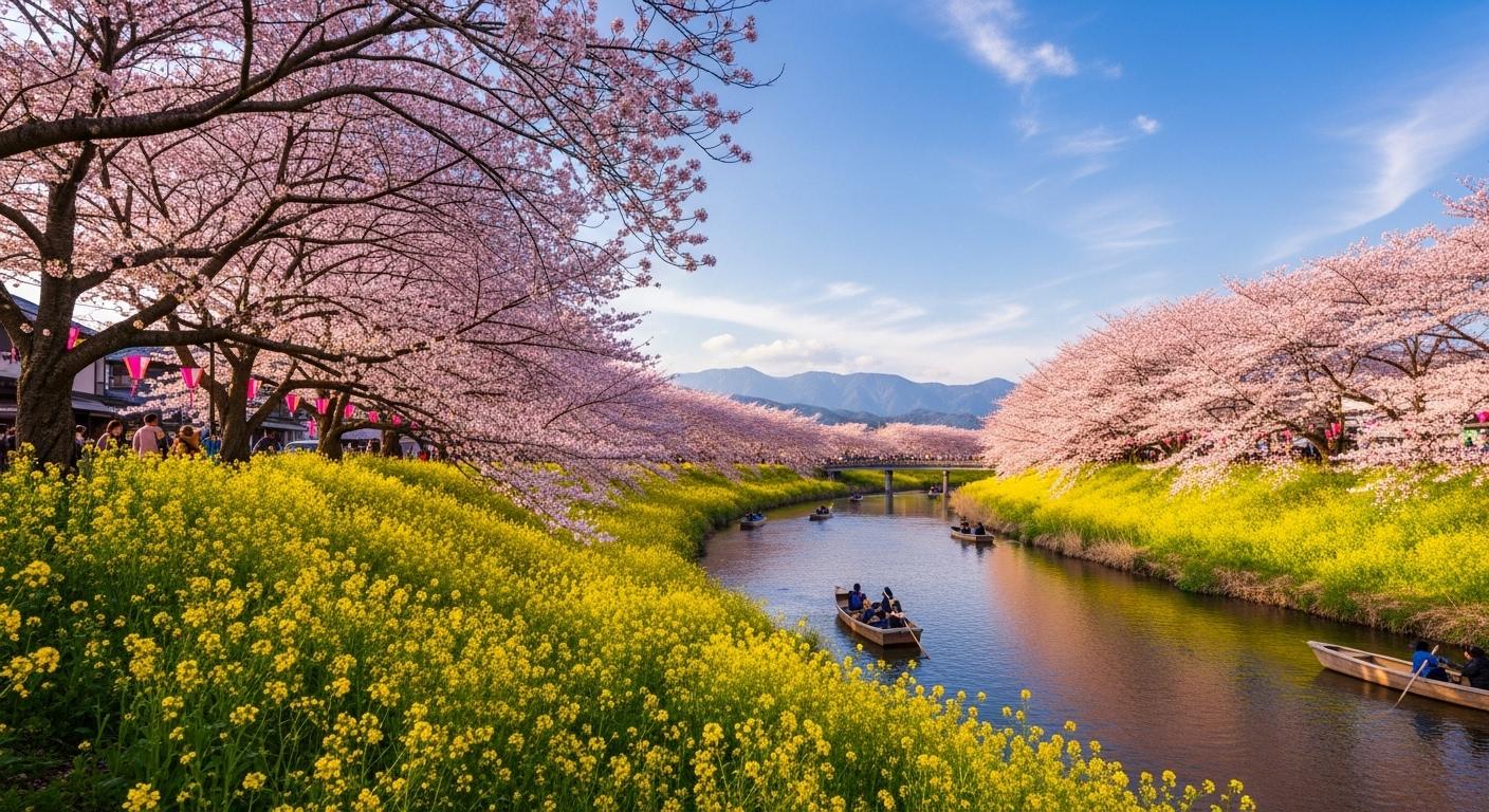 2026年の河津桜まつりの華やかな桜並木と菜の花のコントラスト