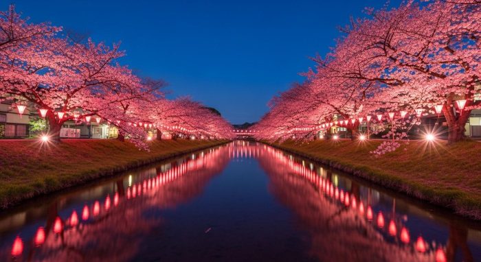 川面に映るライトアップされた幻想的な河津桜の夜景
