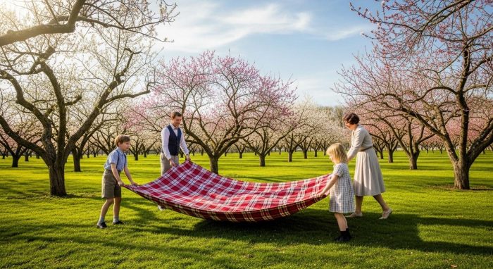 梅の木の下で広げる厚手のレジャーシート