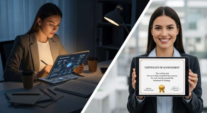 働きながら最新のAI戦略や経営学を学び直すビジネスパーソンの様子