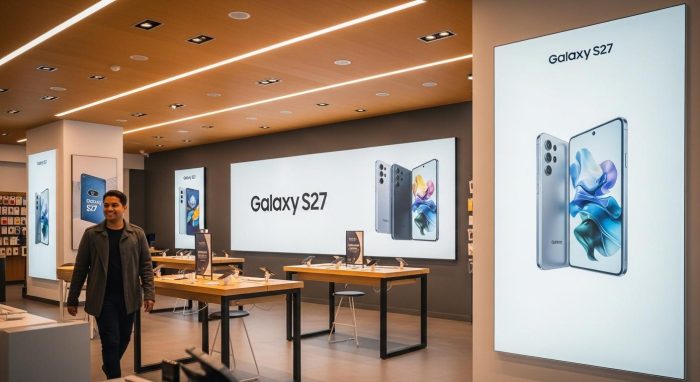 最新のGalaxy S27が展示されている携帯キャリアショップの店内