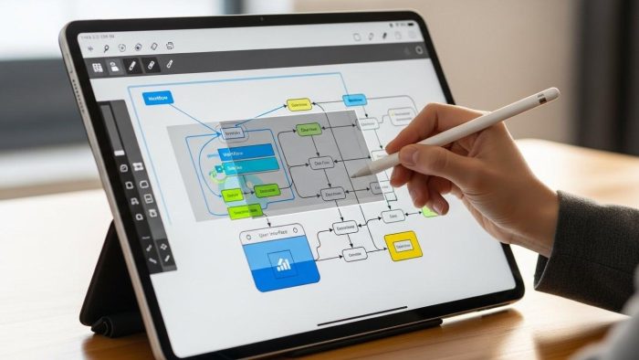 タブレットでオンラインホワイトボードを操作する様子