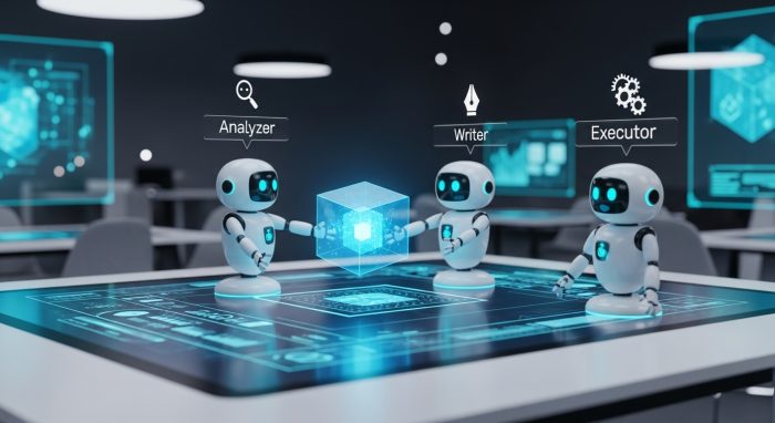 複数の専門AIエージェントが連携して業務を完遂するマルチエージェントのイメージ図