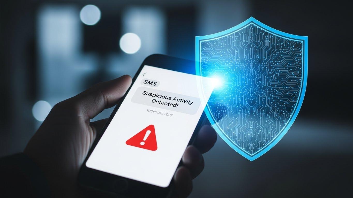 スマートフォンに届いた怪しいSMSとサイバーセキュリティの警告イメージ