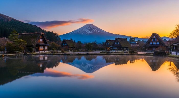 早朝の忍野八海の静かな風景と富士山の眺望