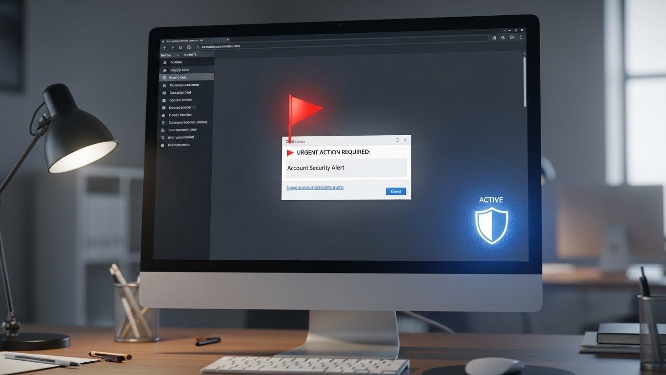 不審なフィッシングメールを開いてしまった際のPC画面と警告のイメージ