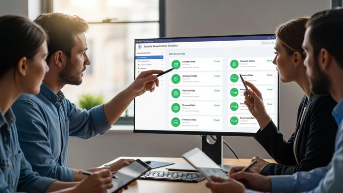 診断報告後の修正チェックリストをレビューするITチーム