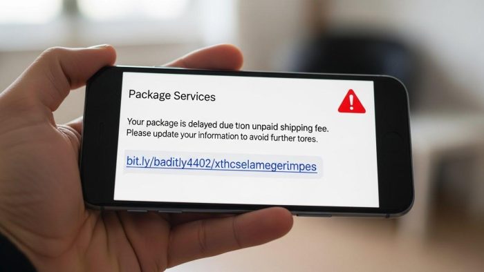 スマホに届いた怪しいSMSと警告サインのイメージ