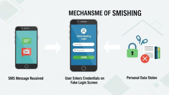 スミッシング詐欺が情報を盗む仕組みのインフォグラフィック