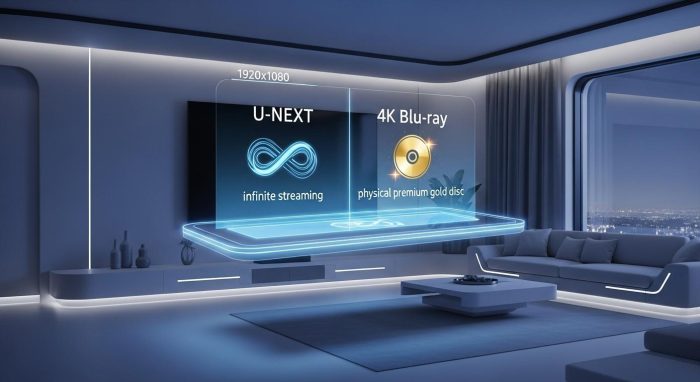未来的なリビングに浮かぶU-NEXT配信と4Kブルーレイの比較表イメージ