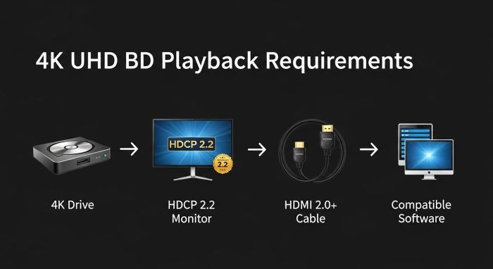 PCで4K UHDブルーレイを再生するために必要な機器と構成の図解