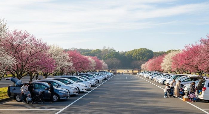 梅まつりへ車で行く際の無料駐車場と周辺道路の混雑イメージ
