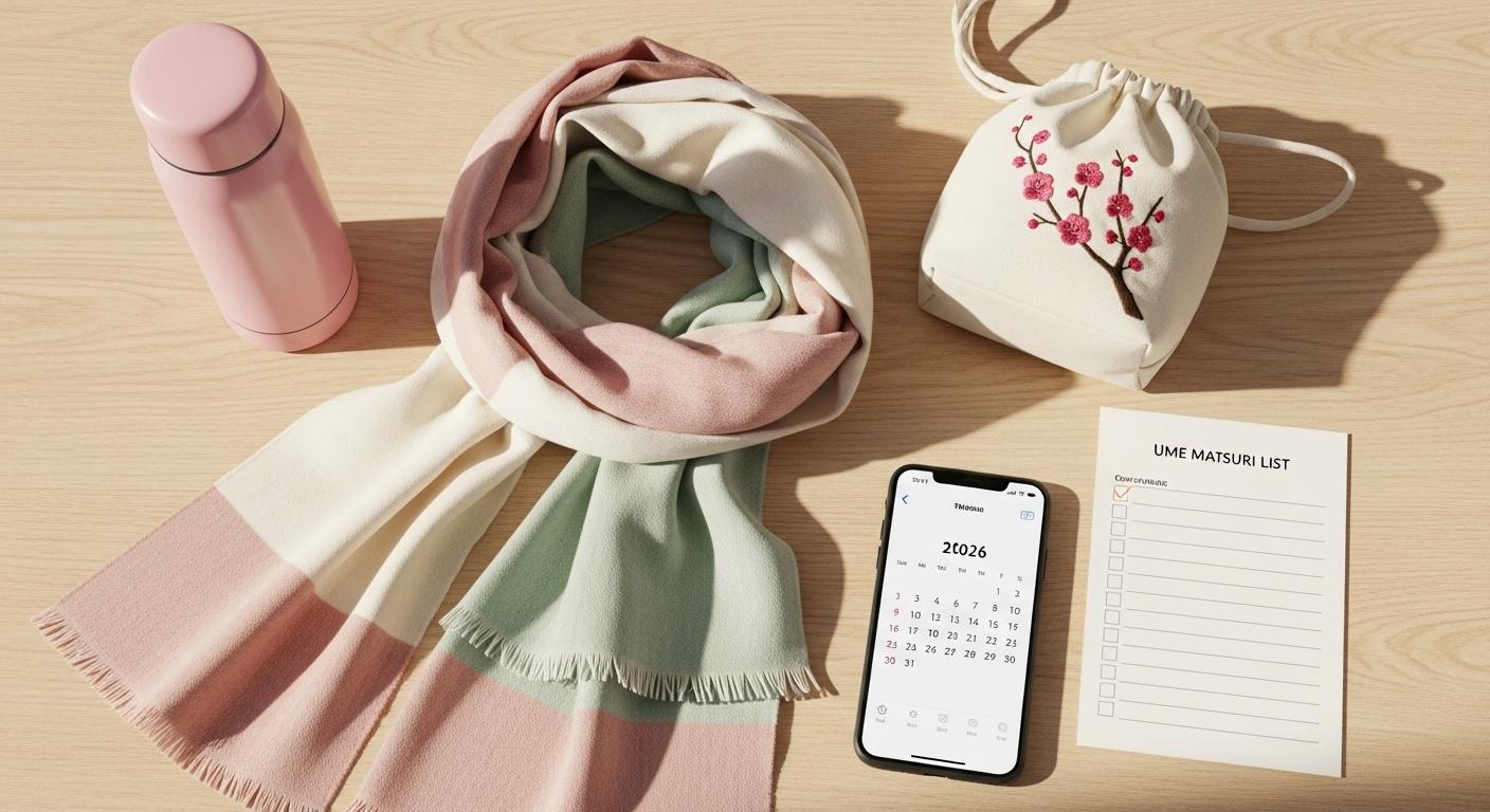 梅まつり観光に必要な持ち物リストと防寒アイテムのフラットレイ