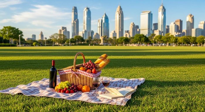 都心の公園でのスタイリッシュなピクニックと春の風景