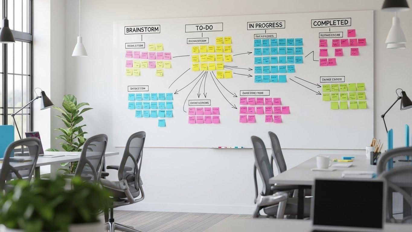 KJ法の概要と付箋を使ったグループ化のイメージ