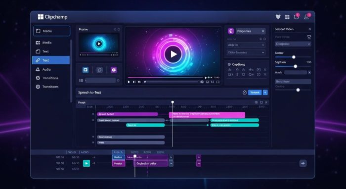 Clipchampの自動キャプション機能で動画の文字起こしをしている画面