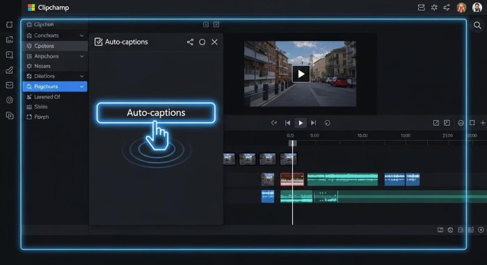 Clipchampの自動キャプション機能の操作画面