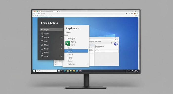大型モニターでスナップレイアウトを使い複数アプリを並べた様子