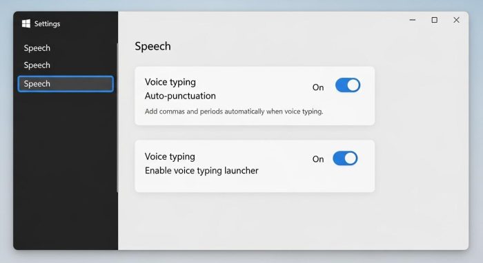 Windows 11の音声入力設定で句読点の自動挿入を有効にする画面