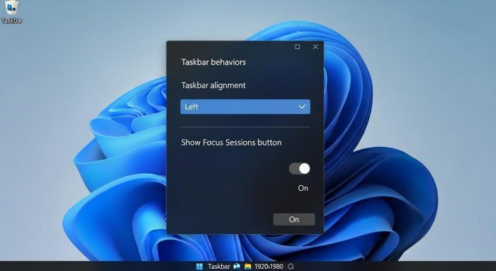 Windows 11のタスクバー設定でアイコンを左揃えにする画面