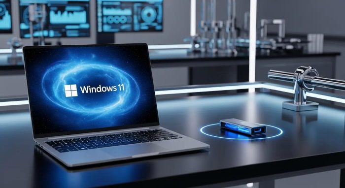 Windows 11のクリーンインストール準備が整ったノートパソコンとUSBメモリ