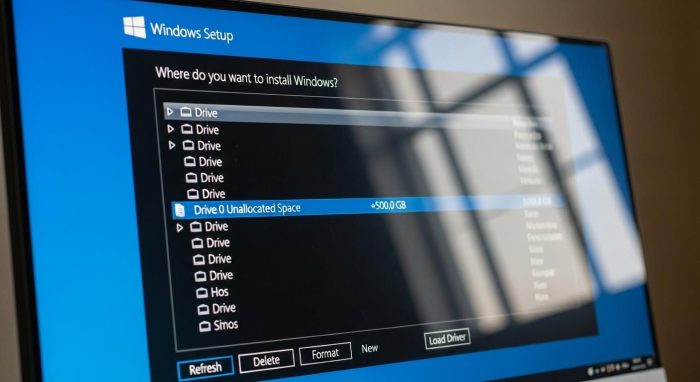 Windowsセットアップのパーティション選択画面のクローズアップ