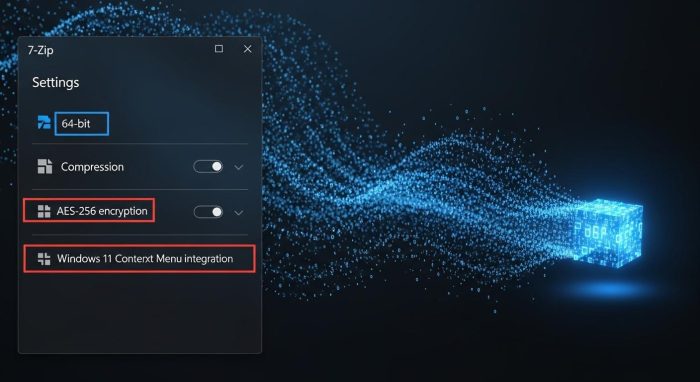 Windows 11で7-Zipの高度な設定を行う操作画面のイメージ図