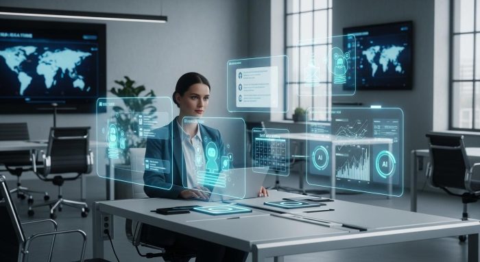 2026年のオフィスでAIエージェントを活用し、業務を効率化するビジネスパーソンのイメージ