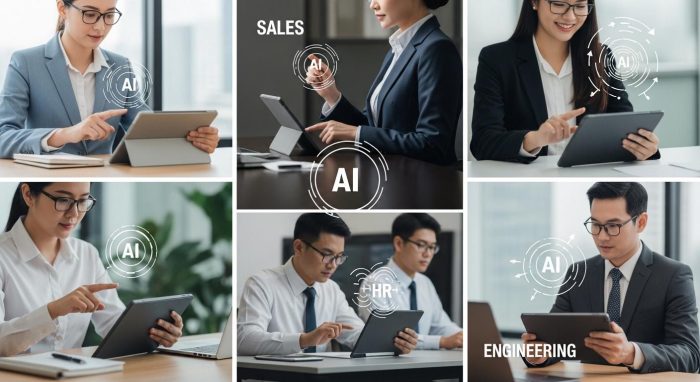 営業、人事、設計など各部門でのAIエージェント活用シーンのイラスト