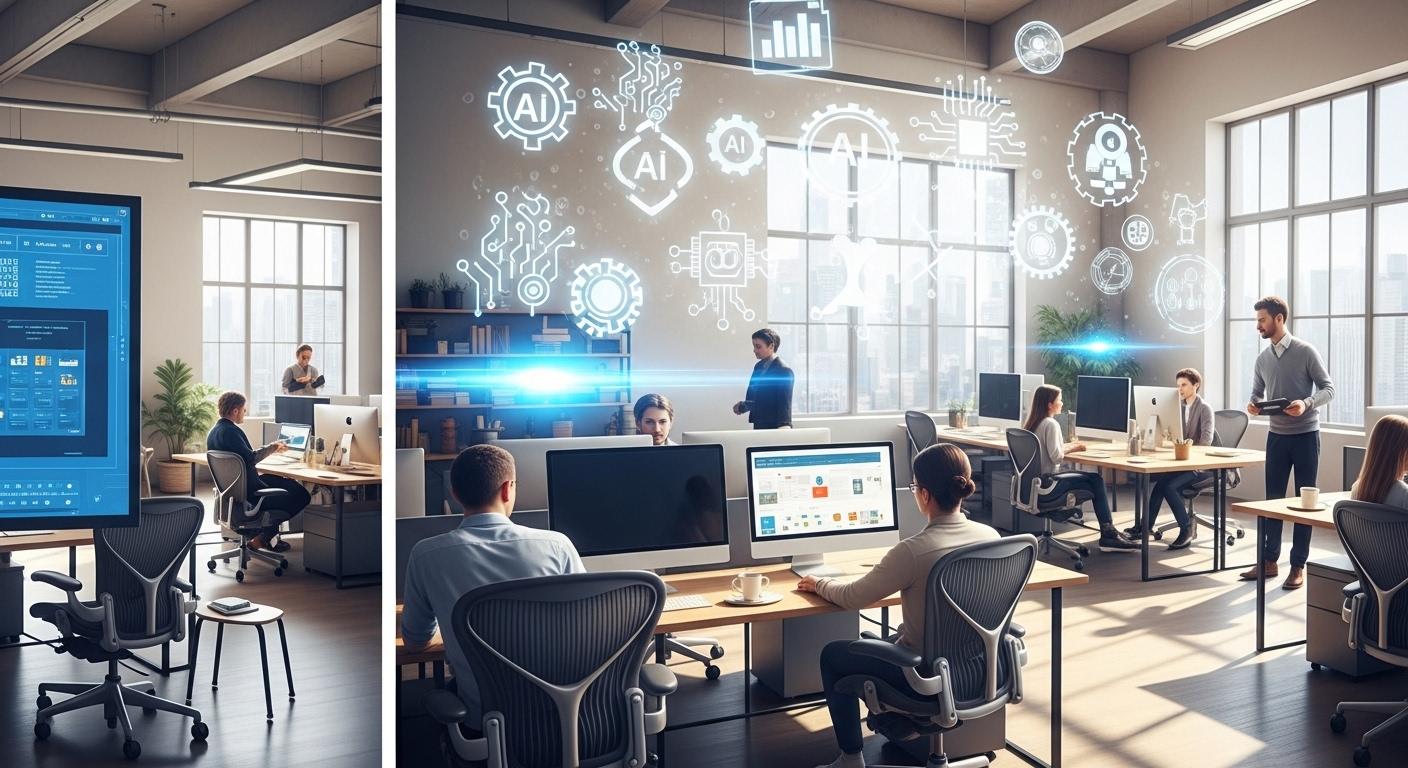 ノーコードでAIエージェントを構築するワークフロー画面と業務効率化のイメージ