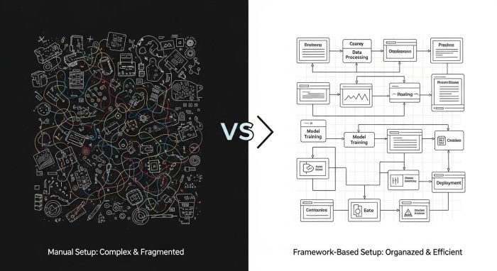 手動開発とフレームワーク活用の効率性の違いを示すインフォグラフィック