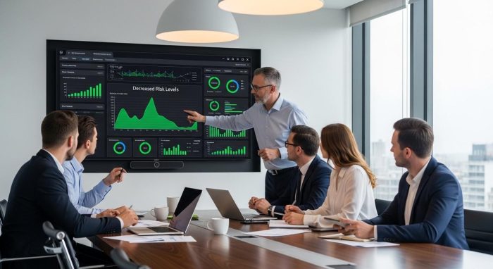 社内のAIガバナンス会議の様子 / 説明文：セキュリティ担当者と経営層がAIの導入基準を議論するシーン。