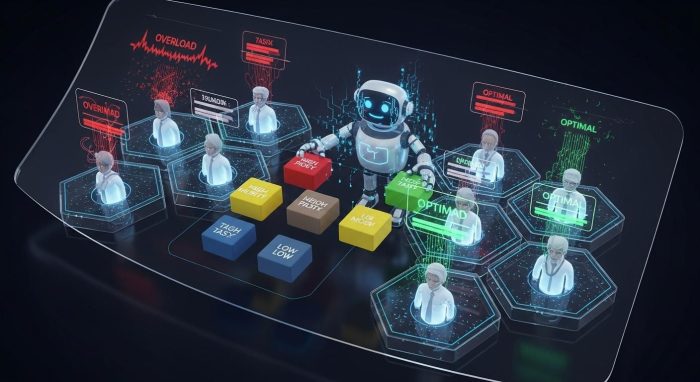 AIがチームの工数を自動調整するイメージ