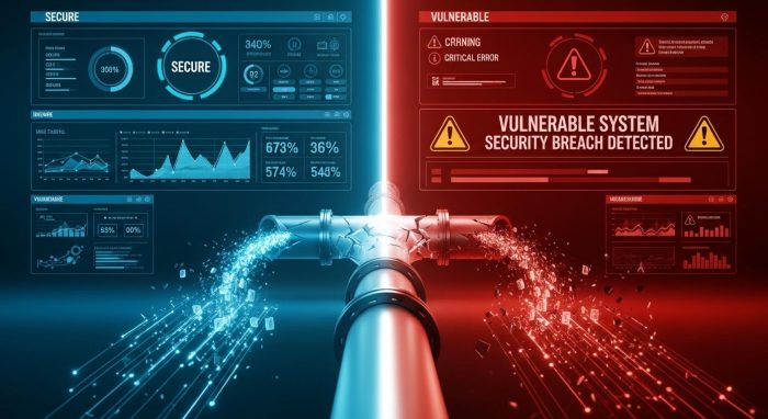 セキュアなAI運用基盤と脆弱な状態の比較図