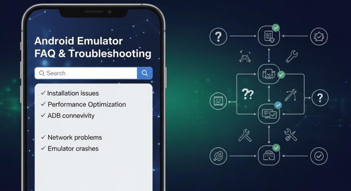 エミュレーターのエラー画面と設定変更による解決イメージ
