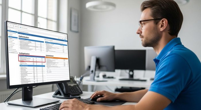 PCで自動化されたセキュリティ診断レポートを確認する技術者