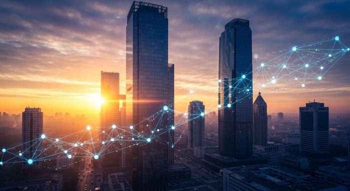 未来を象徴する朝焼けと都市の風景