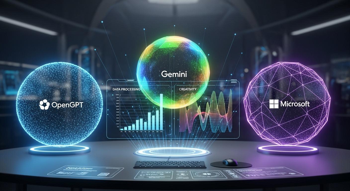 ChatGPT、Gemini、Copilotのロゴと性能比較をイメージしたデジタルグラフィック