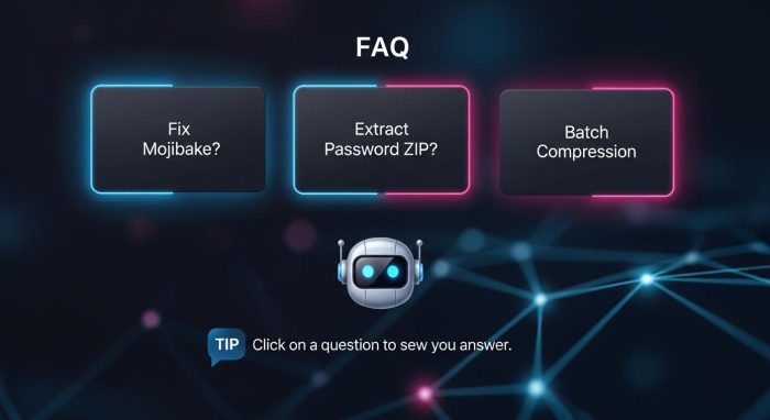 テキスト	圧縮・解凍に関するトラブル解決とFAQのイメージ図