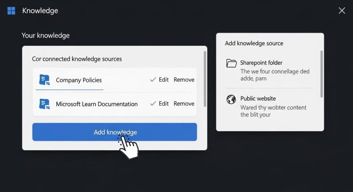 ナレッジソースとしてSharePointやWebサイトを登録する設定画面