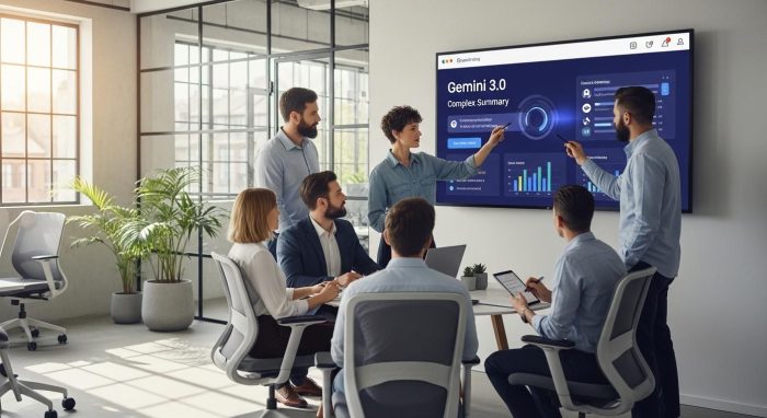 オフィスでGemini 3.0を活用してチーム会議を行う様子