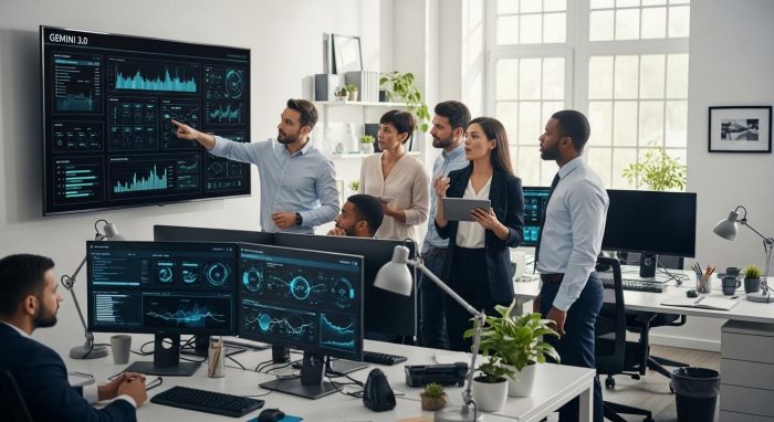 企業のオフィスでGemini 3.0を活用してデータ分析や資料作成を行うチームの様子