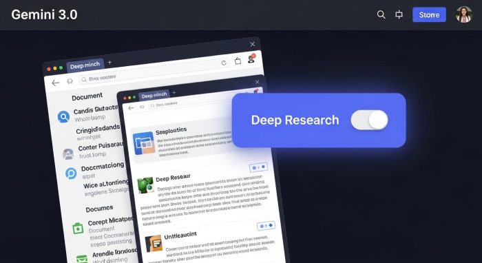 Gemini 3.0の操作画面とDeep Research機能のUI