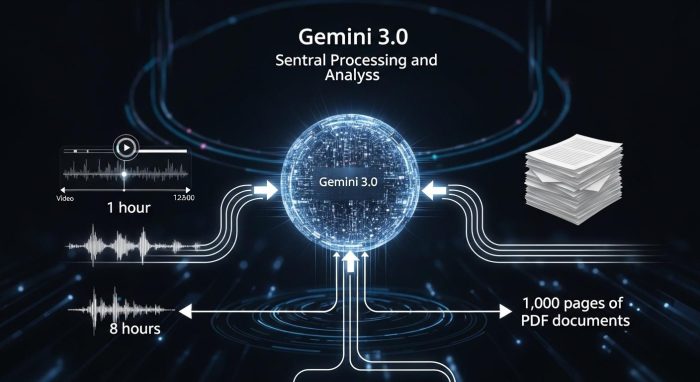 Gemini 3.0のマルチモーダル統合解析の概念図